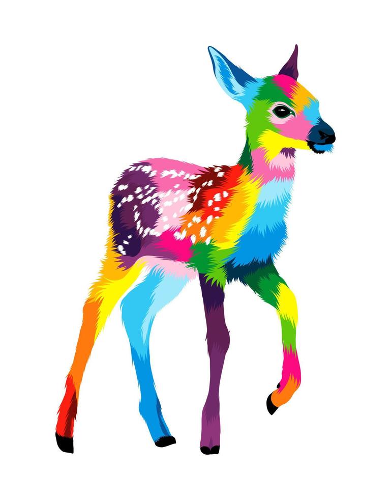 Abstract deer head portrait, cervus elaphus, dama dama from multicolored paints. Colored drawing. Vector illustration of paints