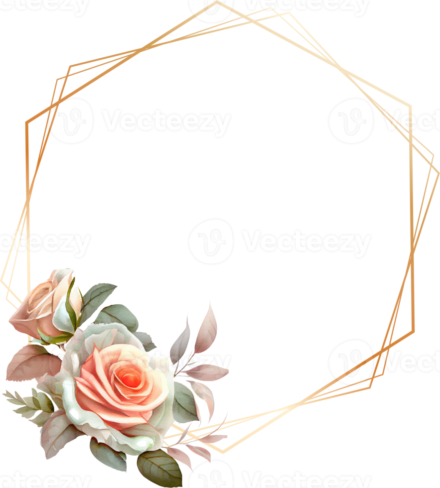 guld ram med ro blomma vattenfärg png