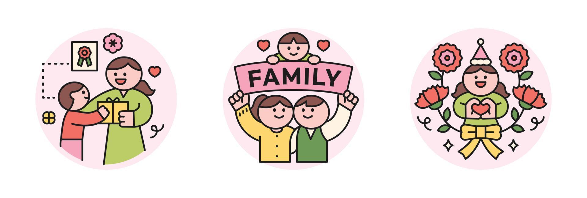 familia mes. personas quien apreciar su padres y amor su niños. niño dando regalo a mamá, padres participación familia cartel, clavel y felicidades icono. vector