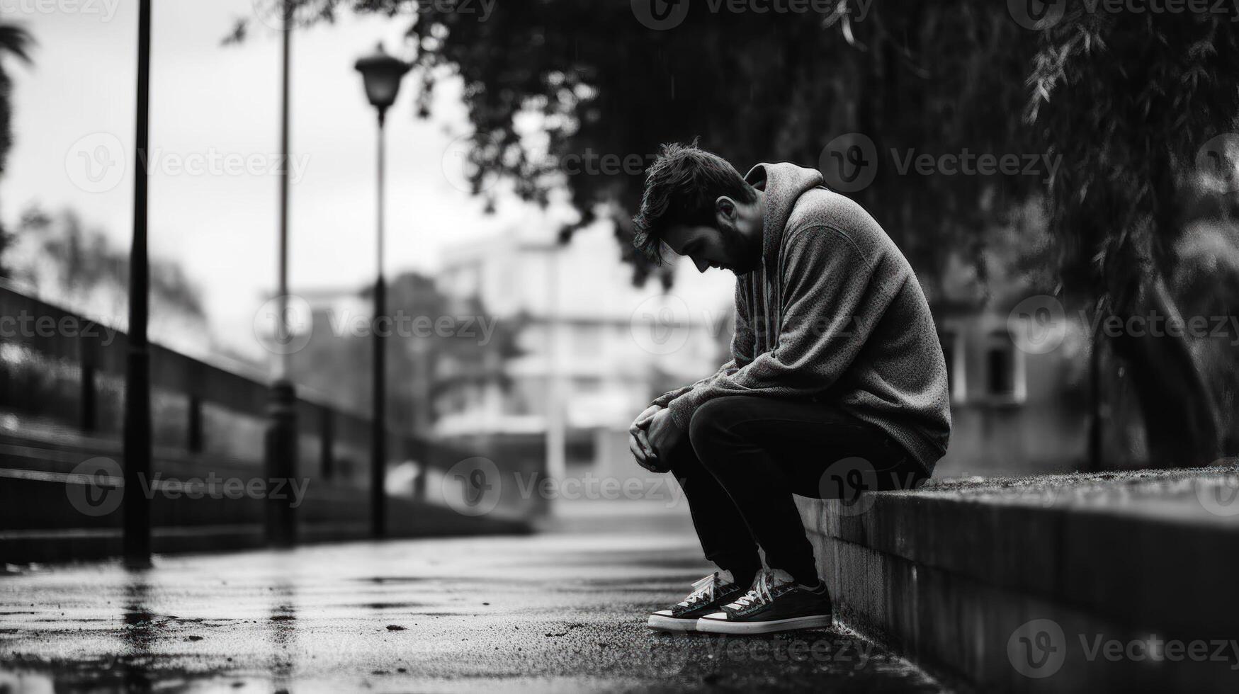 Deprimido joven hombre sentado en el calle. negro y blanco foto. generativo ai. foto