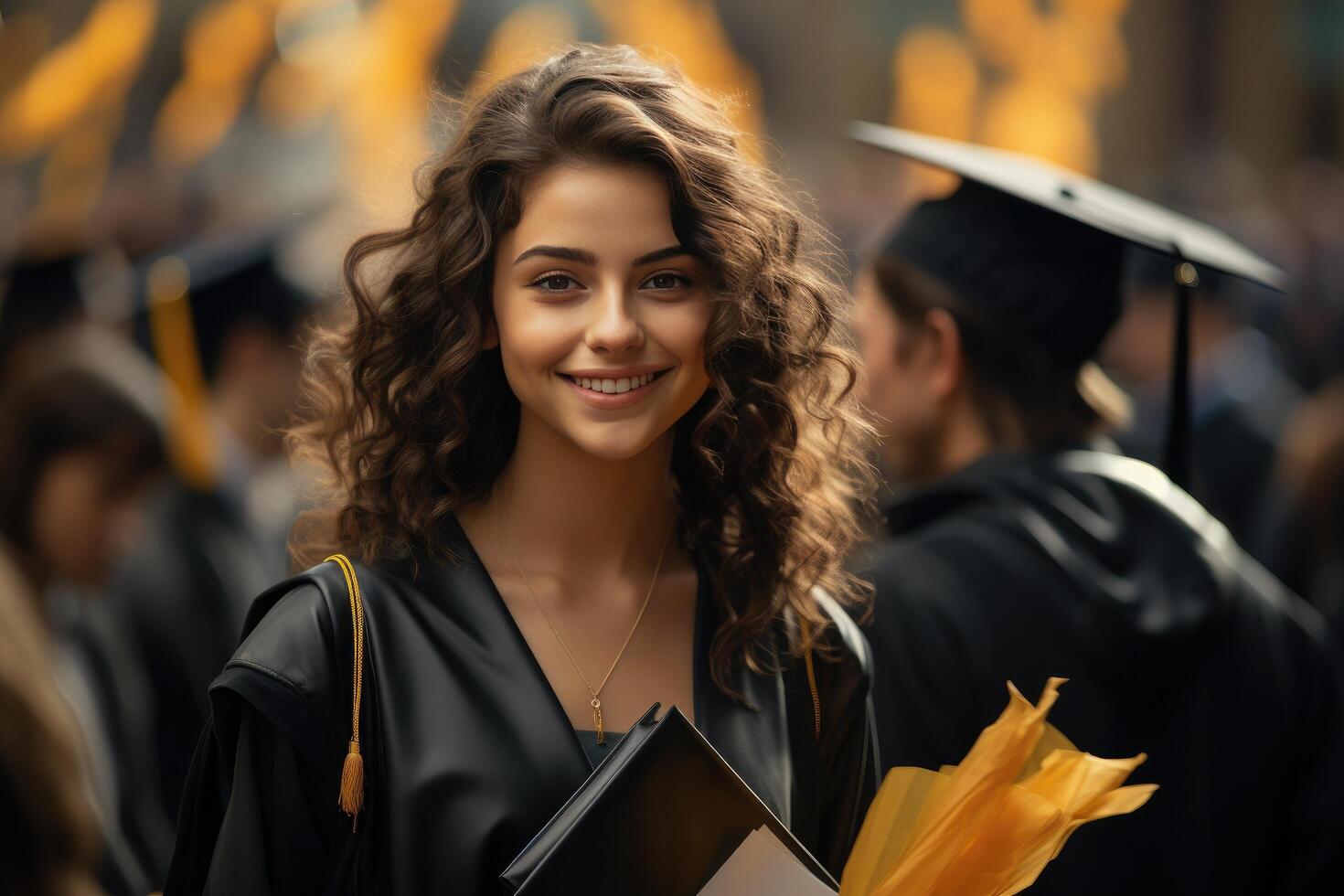 AI generated a young woman with diploma in front of a crowd of graduates, photo
