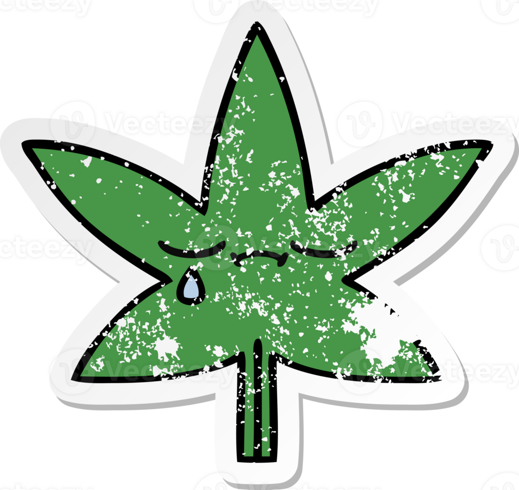 vinheta angustiada de uma folha de maconha de desenho animado bonito png