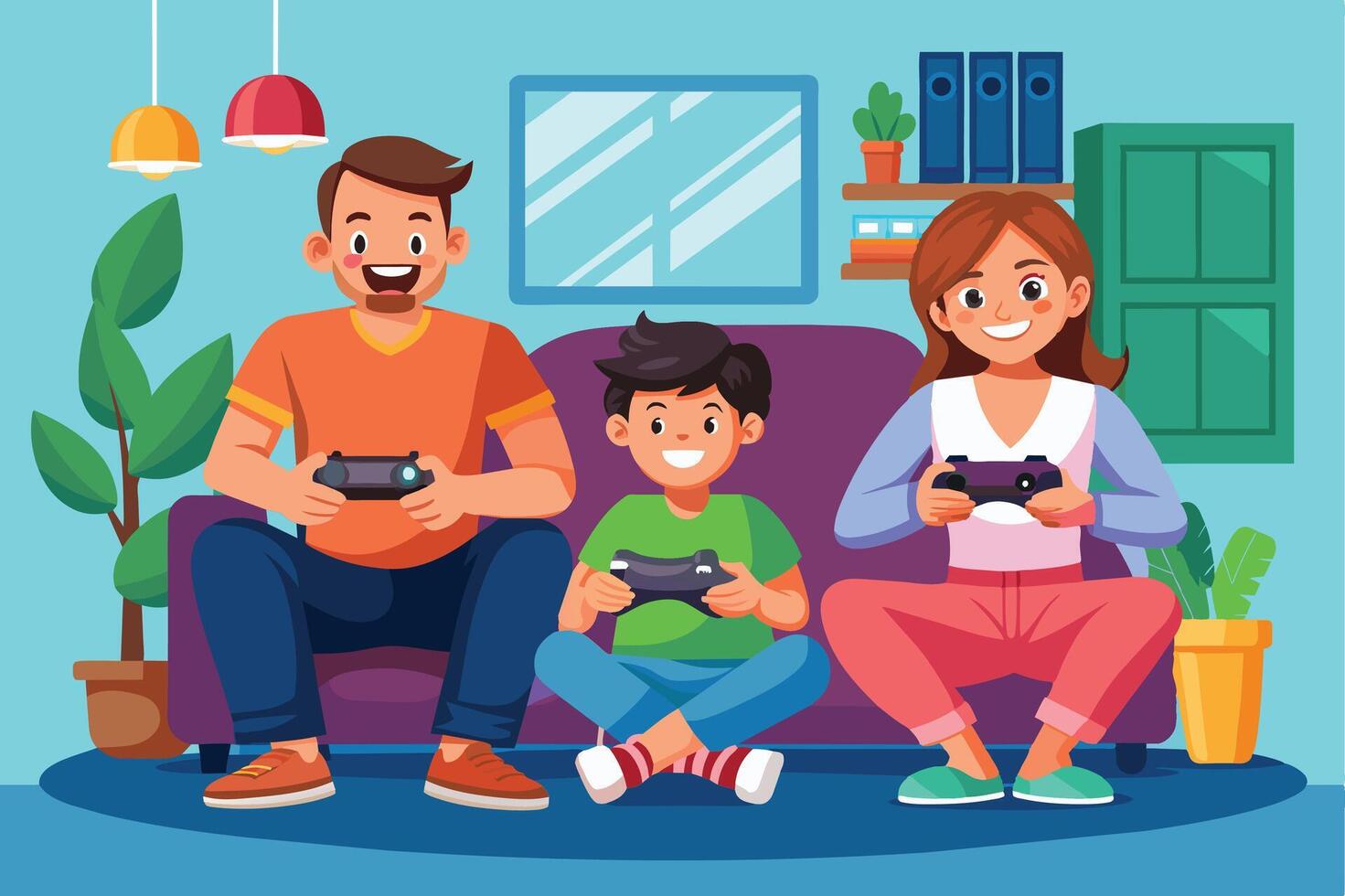 un familia de tres, un padre, un madre, y su hijo, son jugando juegos juntos en su vivo habitación. ellos son todas sentado en un sofá y participación juego controladores vector