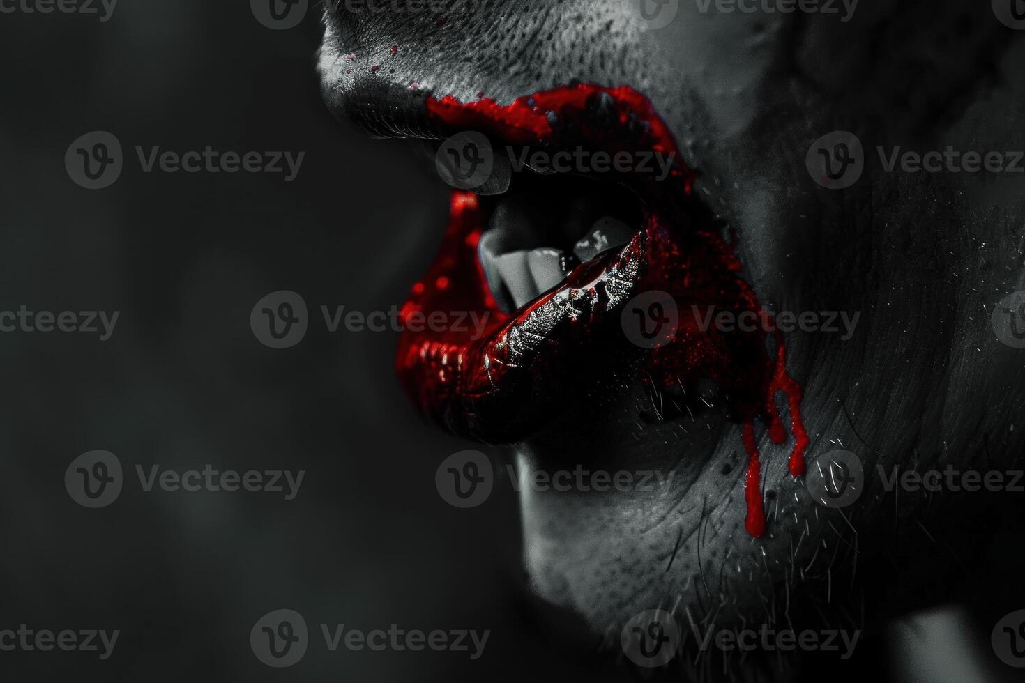 de miedo vampiro cara demostración lengua cubierto en sangre foto