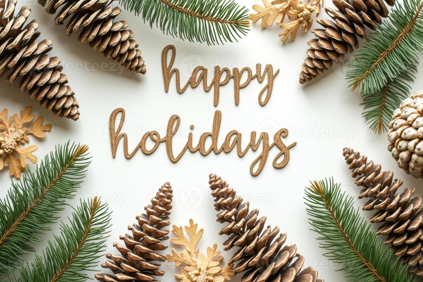 festive arrangement pine cones evergreen branches a happy holidays message. photo