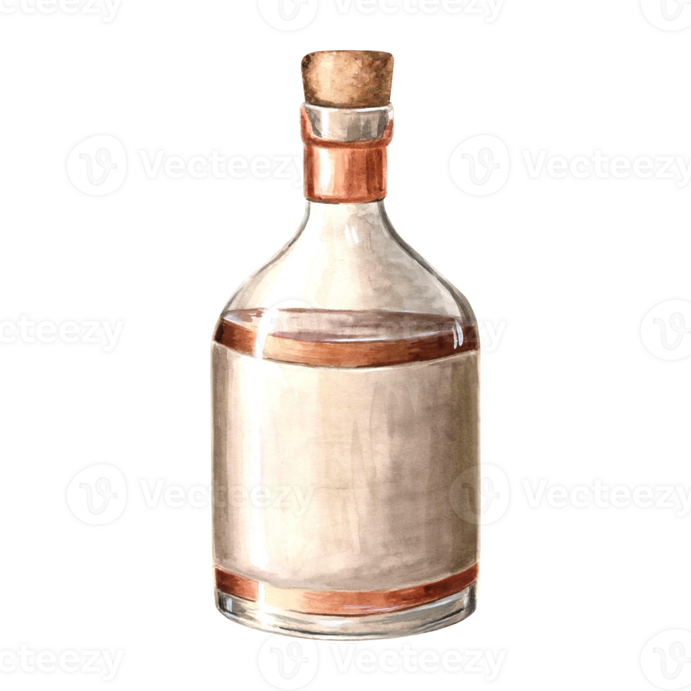 vaso botella de Ron con corcho. transparente buque con alcohólico beber, coñac, whisky. magia poción o medicamento, vegetal aceite. mano dibujado acuarela ilustración aislado. comida industria clipart. png