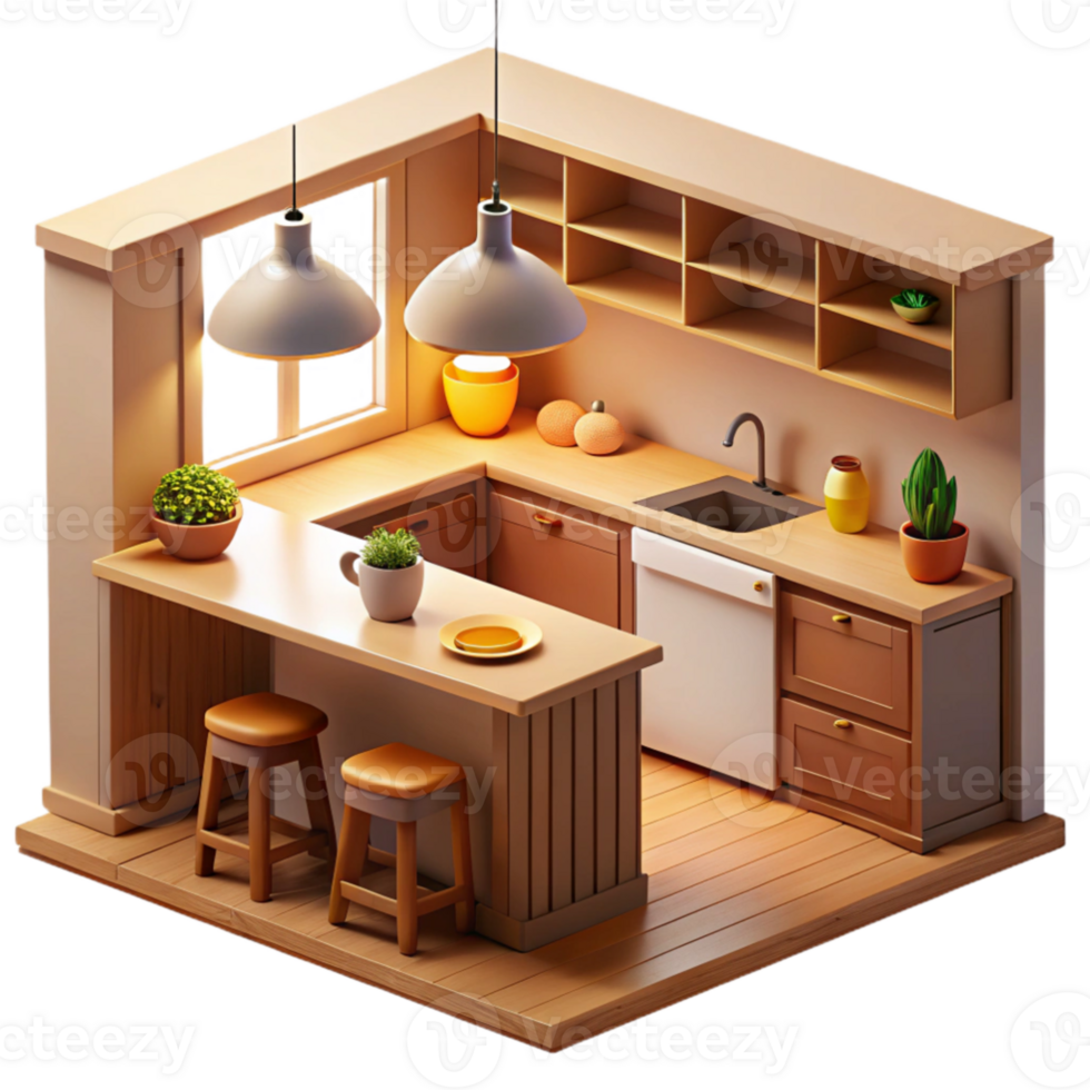 fantastisk minimalistisk mysigt 3d kök isometrisk illustration äkta png