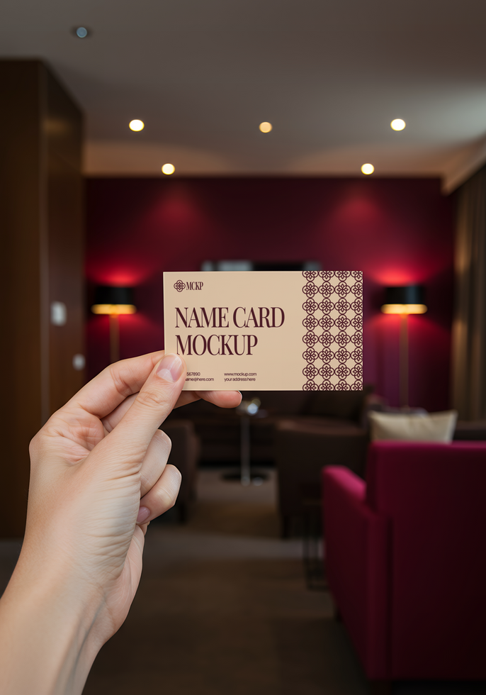 A hand holds up a beige name card mockup in a dimly lit hotel lobby psd