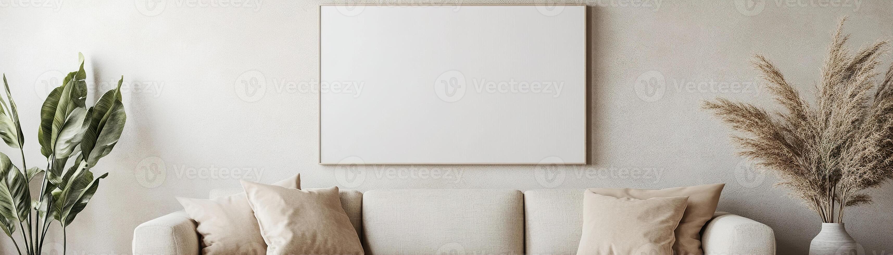 de tono neutro vivo habitación vitrinas un blanco lona marco terminado un acogedor beige sofá. suave Encendiendo mejora el atractivo atmósfera, complementado por interior plantas y un texturizado alfombra foto