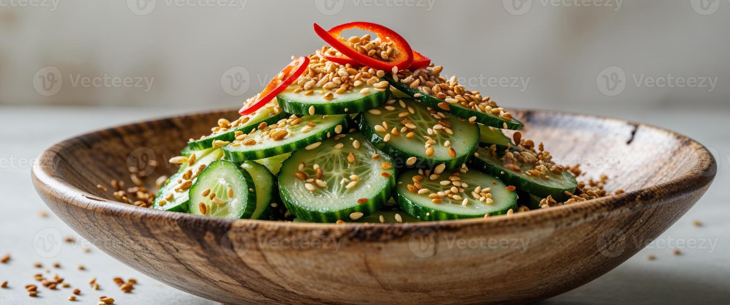Cucumber Salad in Wooden Bowl with Sesame Seeds and Chili Peppers. photo
