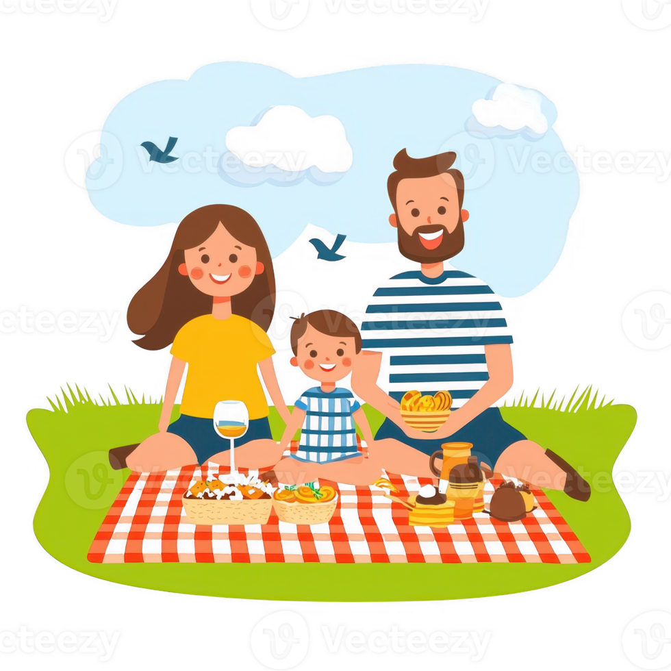 un alegre familia picnic escena con un contento Pareja y su niño, disfrutando comida en un picnic frazada, rodeado por naturaleza, vibrante colores, y un relajante atmósfera. png