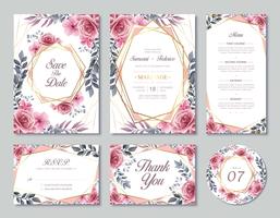 Flowers Wedding Invitation Card Template Set With Watercolor Style vector
