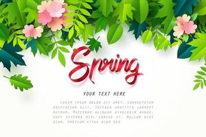 Arte de papel de caligrafía de primavera hojas blancas y flores arriba vector