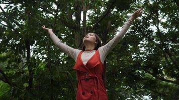 Beautiful woman raising hand in the air. Freedom Happy Time. video