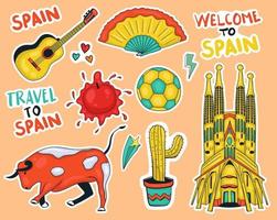 colección colorida de pegatinas de elementos de españa dibujados a mano vector