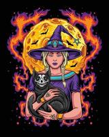 Hallooween witch holding black skull cat vector
