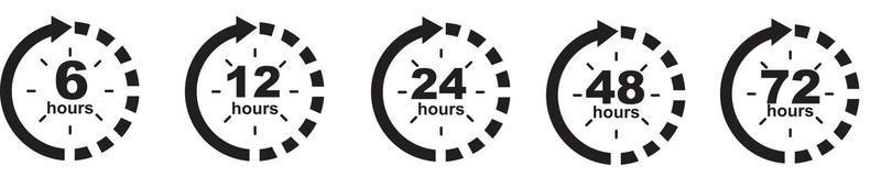 6, 12, 24, 48, 72 hours clock arrow. symbol work time, delivery and service time, isolated on white , vector icon Illustration