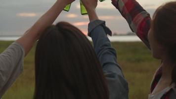 amigos felizes de mulheres asiáticas acampando na natureza, se divertindo juntos, bebendo cerveja e tilintando de copos. video