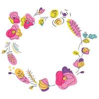Bright colors summer floral round frame. Wreath with neon color flowers. White background vector