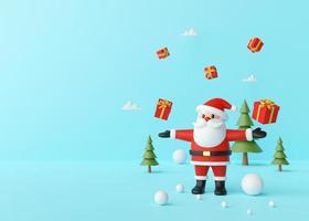Merry Christmas, Santa Claus enjoying with christmas gifts on a blue background, 3d rendering photo