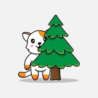 lindo gato escondido detrás del árbol vector
