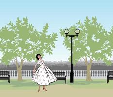 Retro fashion dressed woman 1950s 1960s style in city park landscape. Stylish young lady in vintage clothes in spring city garden. Spring fashion silhouette 60s. Park cityscape skyline. vector