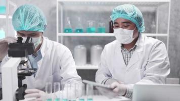 scientist team has researching in the laboratory, meeting and writing analysis results of coronavirus vaccine development in the laboratory, professional doctor working research in biotechnology term video