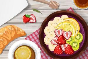 Top view Acai food bowl and placemat on wood table vector