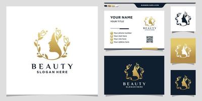 Creative beauty woman face logo with flower rose line and golden gradient style color. icon logo and business card design Premium Vector