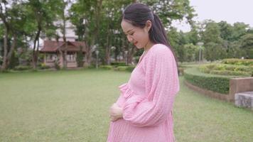 jeune belle femme enceinte asiatique en robe rose touchant son gros ventre enceinte se sentant bébé à naître dans son ventre debout à l'intérieur du parc, attendant bébé, émotion positive. notion de fête des mères video