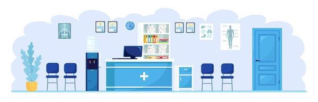 mostrador de recepción y sala de espera, pasillo en el hospital con enfriador de agua, computadora. interior de la oficina de la clínica para cita médica. diseño vectorial vector