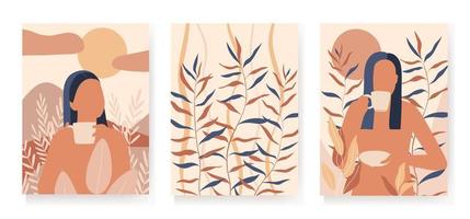 Set of abstract female figures with coffee, sun,plants. Portraits of women in minimalism style, silhouettes without face. Vector for poster, cover, flyer or wall decor.