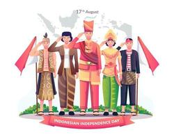 A group of people in different traditional clothes are respectfully celebrating Indonesia's independence day on August 17th. Vector illustration in flat style