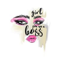 chica eres la jefa, cita manuscrita. hermosos ojos con largas pestañas negras, sombra de ojos rosa, cejas y labios vector