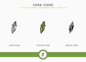 Corn icons set vector illustration with solid icon line style. Vegetable healthy concept. Editable stroke icon on isolated background for web design, user interface, and mobile application