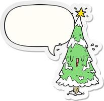 cartoon snowy christmas tree and happy face and speech bubble sticker vector