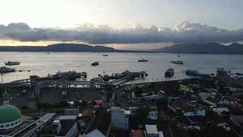 Aerial view of Port in Banyuwangi Indonesia with ferry in Bali Ocean video