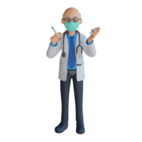 médico masculino usando uma máscara segurando a ilustração de personagem 3d de injeção png