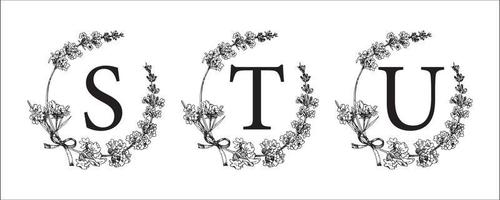 S T U letter. Set modern hand-drawn engraved sketch illustrations. Lavender flower wreath with alphabet monogram. good idea for wedding decor. Vintage vector typographic emblem, logo, label design.