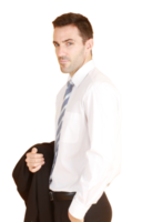 uomo d'affari bello e intelligente in giacca e camicia bianca rilassante su isolatred su sfondo giallo. png