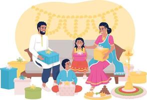 intercambiar regalos tradición en diwali 2d vector ilustración aislada. celebrando deepavali con personajes planos familiares en el fondo de dibujos animados. colorida escena editable para móvil, sitio web, presentación