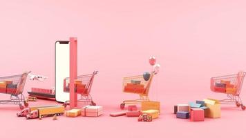 entrega rápida por scooter e van e avião no conceito de e-commerce móvel pedido on-line com carrinho de compras e muitas caixas no loop de animação 3d de fundo rosa video