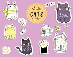 dibujar pegatinas de colección gato divertido en concepto de amor vector