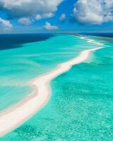 Beautiful aerial view of Maldives and tropical beach. Travel and vacation concept. Scenic view of exotic sandbank with ocean lagoon, coral reef. Luxury holiday destination, tourism vertical banner photo