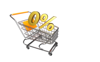 3d boodschappen doen kar, mand met goud , nul procent geïsoleerd. verdisconteerd producten, afzet Promotie bonussen concept, 3d geven illustratie png