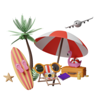 sommerreise mit koffer, strandkorb, sonnenbrille, kamera, surfbrett, regenschirm, aufblasbarem flamingo, kokosnussbaum, vergrößerung isoliert. konzept 3d-illustration oder 3d-rendering png
