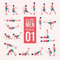 conjunto de hombres de entrenamiento. hombre haciendo ejercicios de fitness y yoga. estocadas y sentadillas, tablones y abc. entrenamiento de cuerpo completo. vector