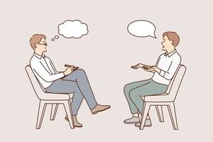 Business interview and head hunting concept. Young man job seeker sitting answering questions of recruiter looking at him and making notes in notepad vector illustration