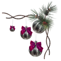décorations boules argentées et branches de pin png