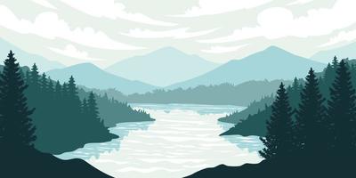 Silhouette of nature landscape. Mountains, forest in background. Blue and green illustration vector